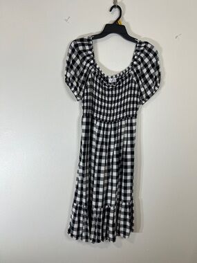 Place Black and White Gingham Puff-Sleeve Midi Dress